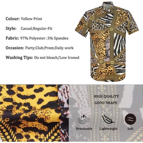 Men's Leopard Printed Disco Shirts Short Sleeve Button Down Casual Shirt - Picture 4 of 7